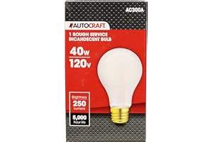 AutoCraft Silicone Coated Vibration Resistant Rough Service Shop Light Bulb, 40 Watts, 120 VAC, 250 Lumens, 5,000 Hour Life, Brass-Type Base, 1 Bulb Package