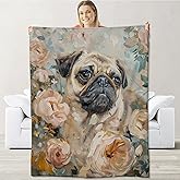Pug Blanket for Kids Girls Pug Lovers, Flannel Pug Blankets Gifts, Floral Flower Pug Throw Blanket for Sofa Couch Bed Living Room Soft Warm Cozy Pug Decor 60" x 50"