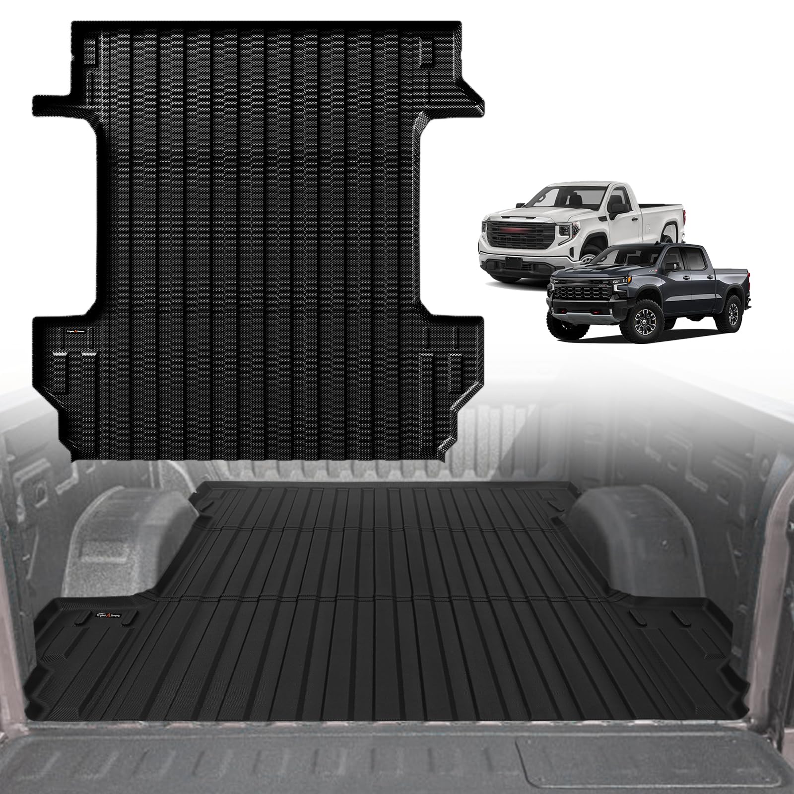Photo 1 of TripleAliners Truck Bed Mat Compatible with 2019-2024 2025 Chevy Silverado/GMC Sierra 1500 Accessories 5'8'' Vehicle Bed Perfectly Flush All Weather Protection TPE Heavy Duty Pickup Cargo Mat