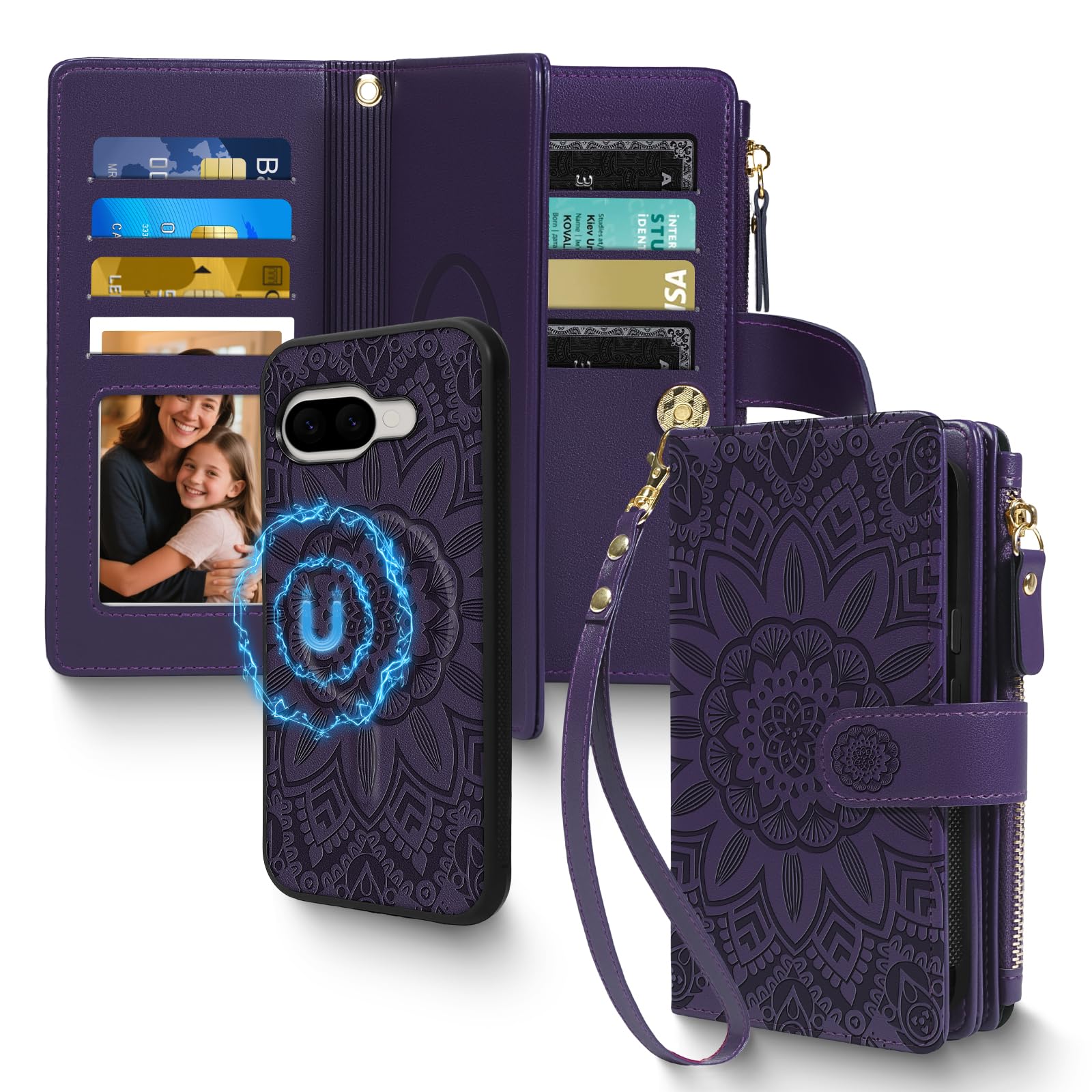 Photo 1 of 2 in 1 for Google Pixel 9/9 Pro / 10/10 Pro 6.3" Wallet Case Magnetic Compatible with Magsafe RFID Blocking Card Holder Detachable Phone Cover Zipper Purse Kickstand Strap Women Floral Purple