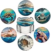 Table Coaster for Drinks Set of 6, Sea Turtles Round Ceramic Coasters,with Cork Base and Metal Holder,Great Housewarming Birthday Gifts,Home Decor