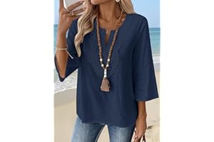 Womens 3/4 Length Sleeve Tops Loose Fit Boho V Neck Tunic Shirts Spring Summer Dressy Casual Work Blouses