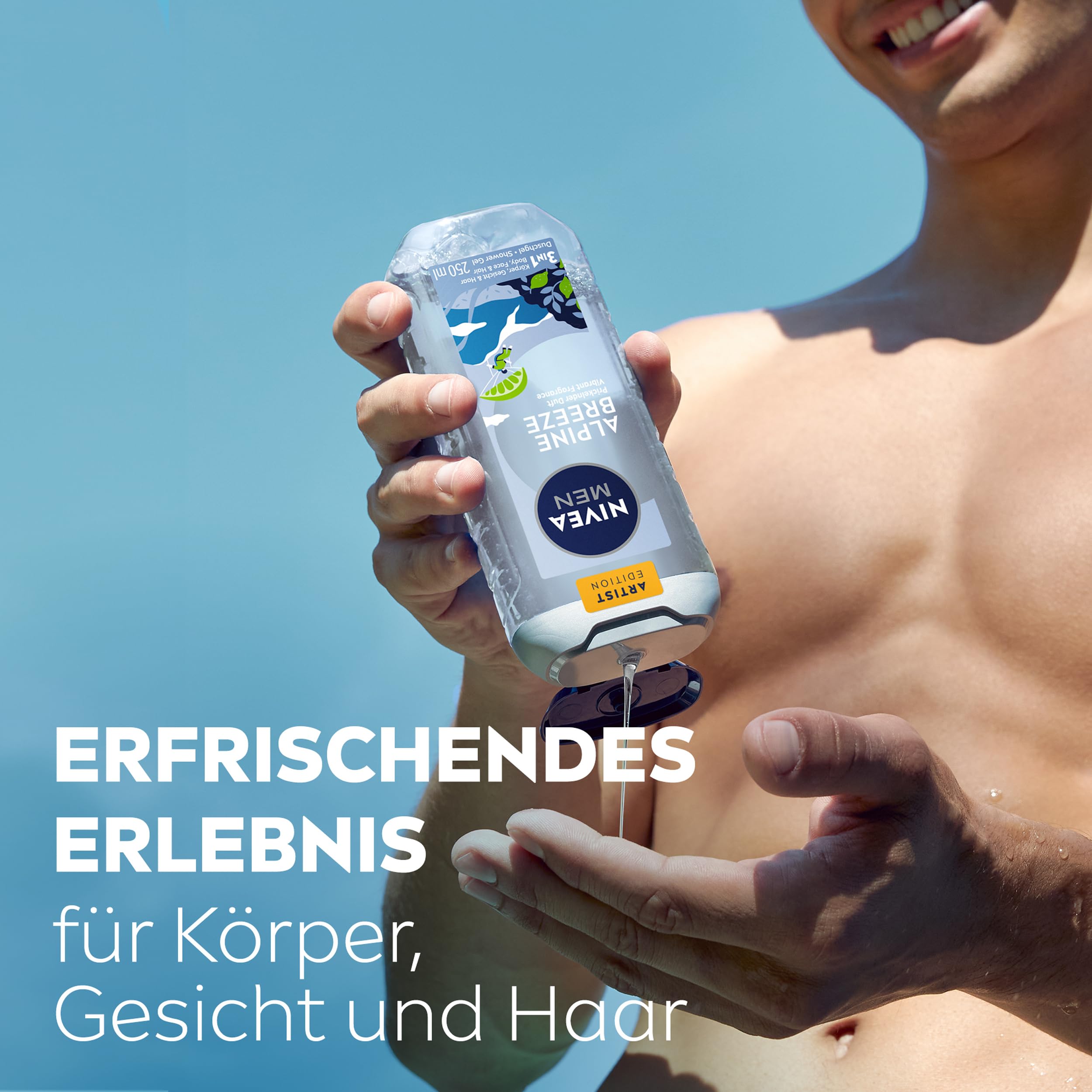 NIVEA MEN Alpine Breeze Artist Edition Duschgel, revitalisierende Pflegedusche mit prickelndem und lebendigem Duft, 3in1 Duschgel für Körper, Gesicht und Haare (250 ml) 3