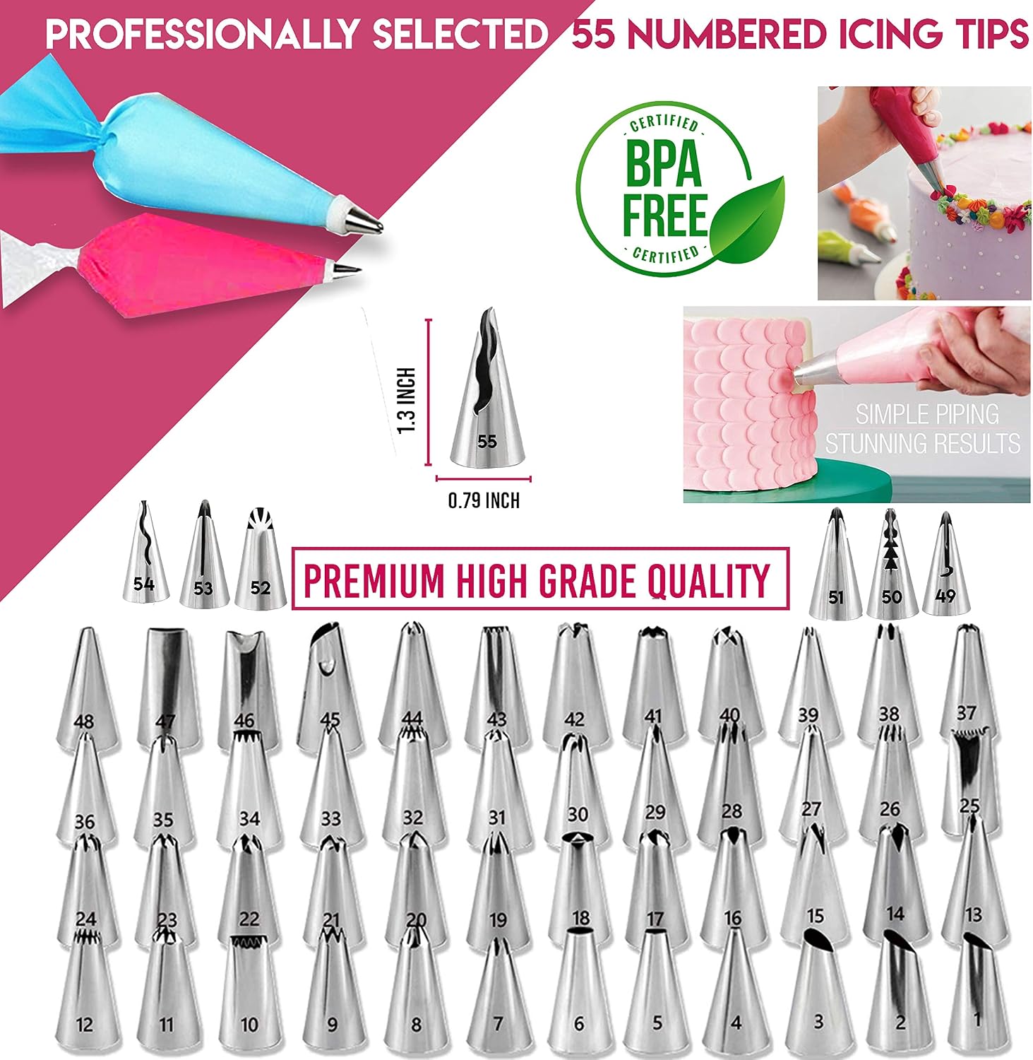 Cake Decorating Kit -RFAQK 200 PCs with Cake Turntable- Cake Leveler- 55 Numbered Piping Tips & Nozzles with Pattern Chart & E-Book- 110 Icings Bags-Straight & Offset Spatula-Scraper Set & Baking Kit - Image 4