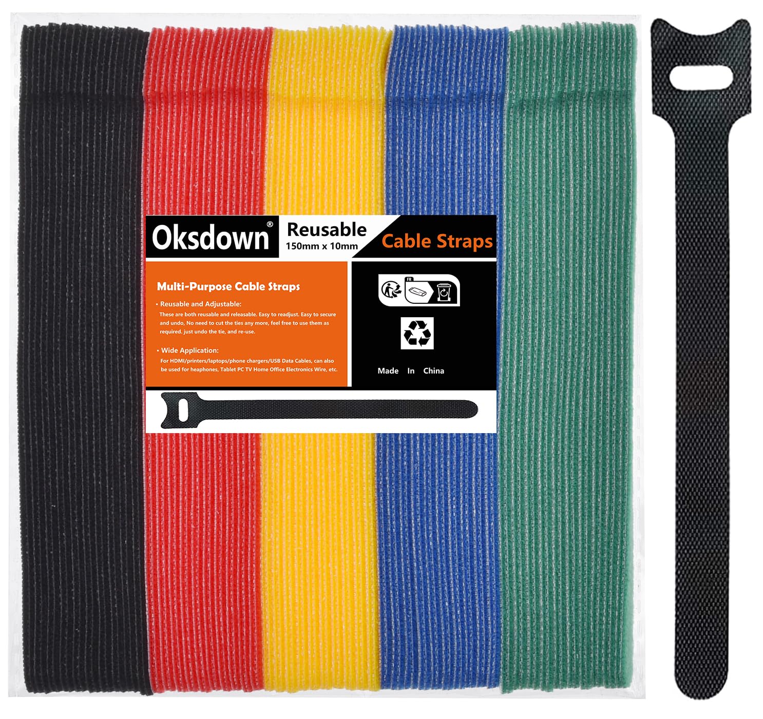 Oksdown 100 Pack 5 Color Reusable Cable Ties Multi Color Releasable Cable Straps Adjustable Hook and Loop Colorful Cable Wire Tidy for PC Cable Management
