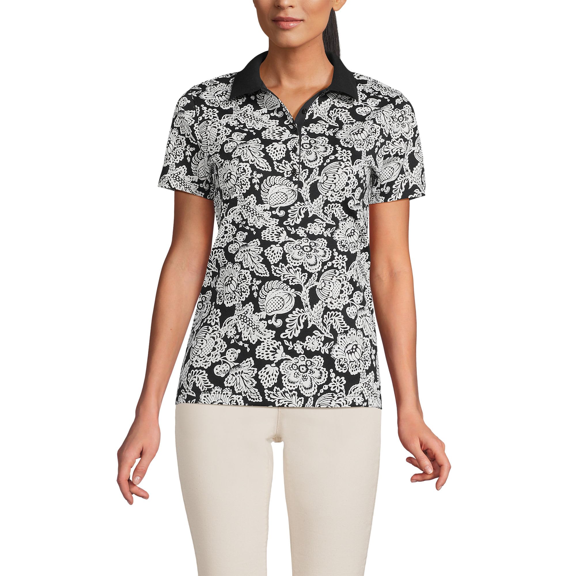 Lands' End Womens Short Sleeve Supima Polo Black/Ivory Floral Medley Regular Medium Image