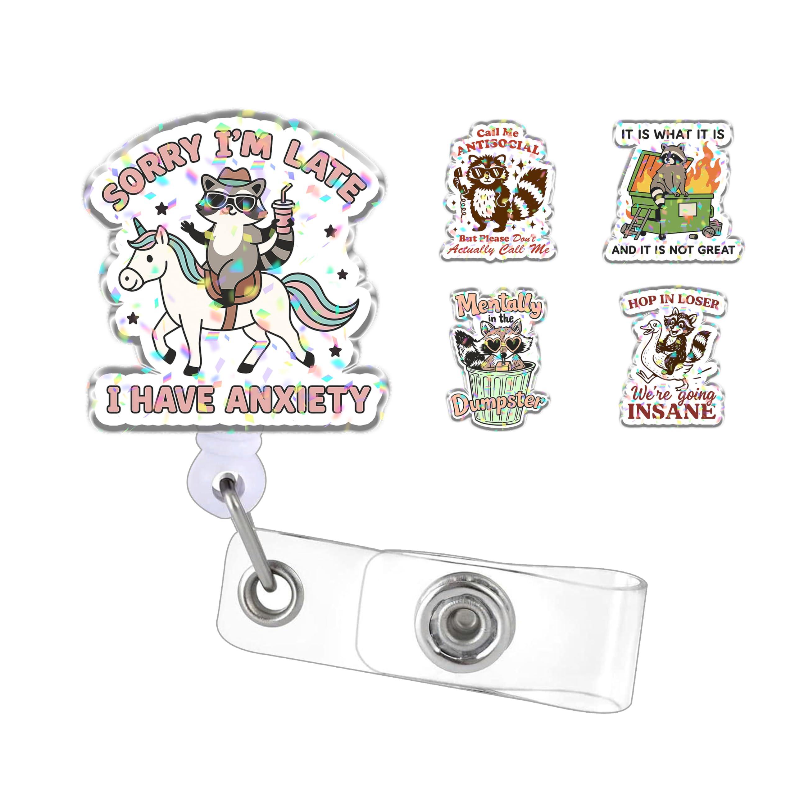 Photo 1 of (Set 5 Designs) Funny Raccoon 2" Holographic Badge Reels, Office Sarcastic Humor Retractable Badge Holders, Acrylic ID Badge Holder, Animal Badge Lanyard, Sarcasm Accessories DIY for Friend Coworkers