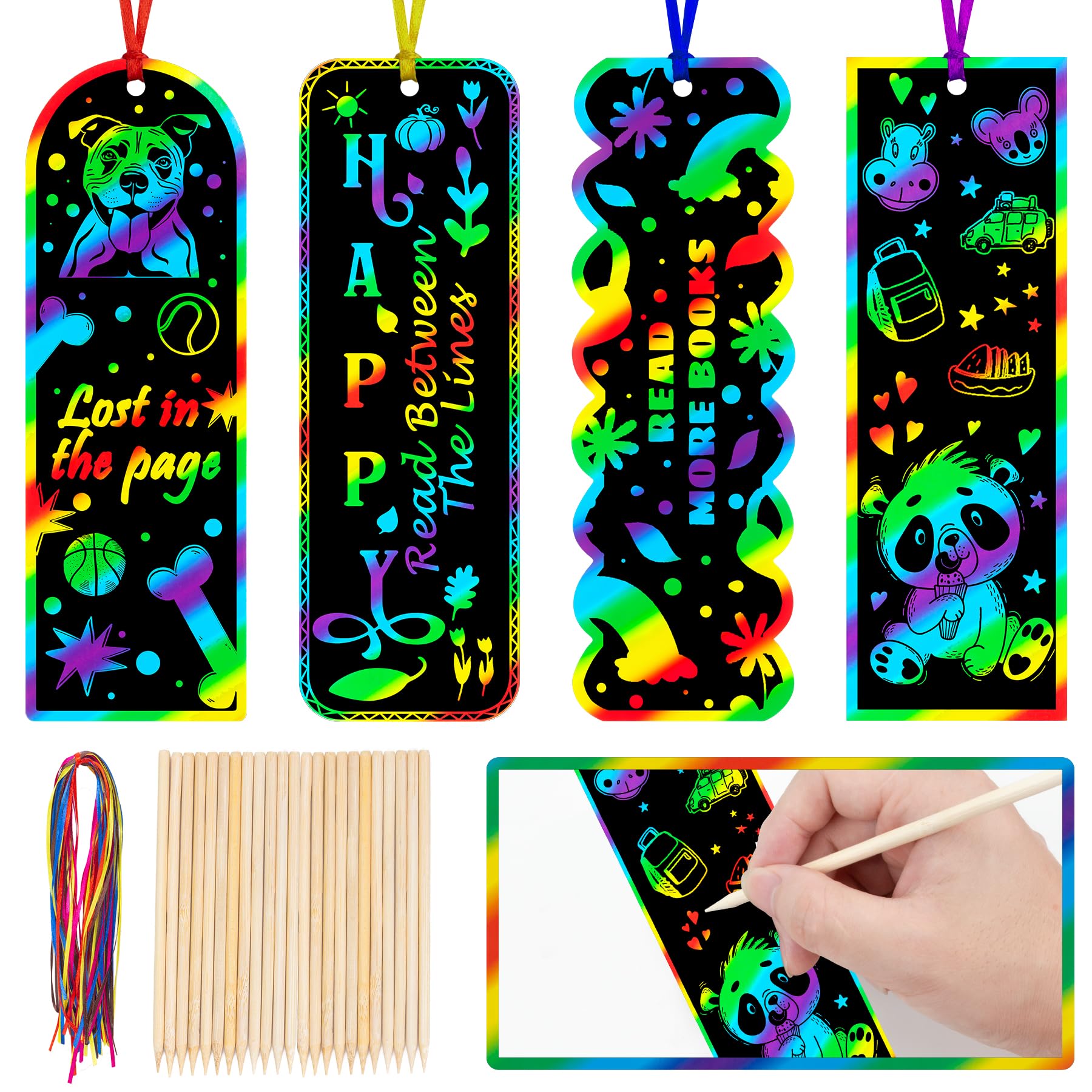 GOMANCHE 40 Sets Scratch Art for Kids, 4 Styles Magic Rainbow Bookmarks Craft Kit, Scratch Paper Art Sets for Students Party Bag Fillers