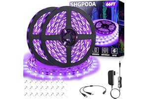SHGPODA 66ft/20M LED Black Light Strip Kit, 1200 Units Lamp Beads, 385nm-400nm, 12V Flexible Blacklight Fixtures, 20M LED Ribbon, Non-Waterproof for Indoor, Birthday, Dark Party, Halloween, Christmas