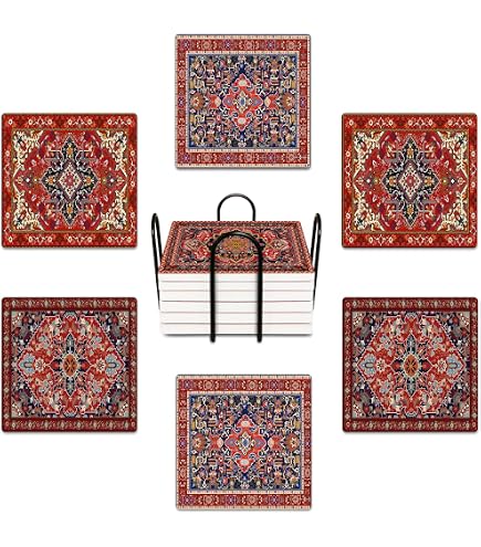 AnyDesign William Morris Floral Coasters Set – 6 Ceramic Coasters With Holder, 4x4 Inch, Vintage Flower Design