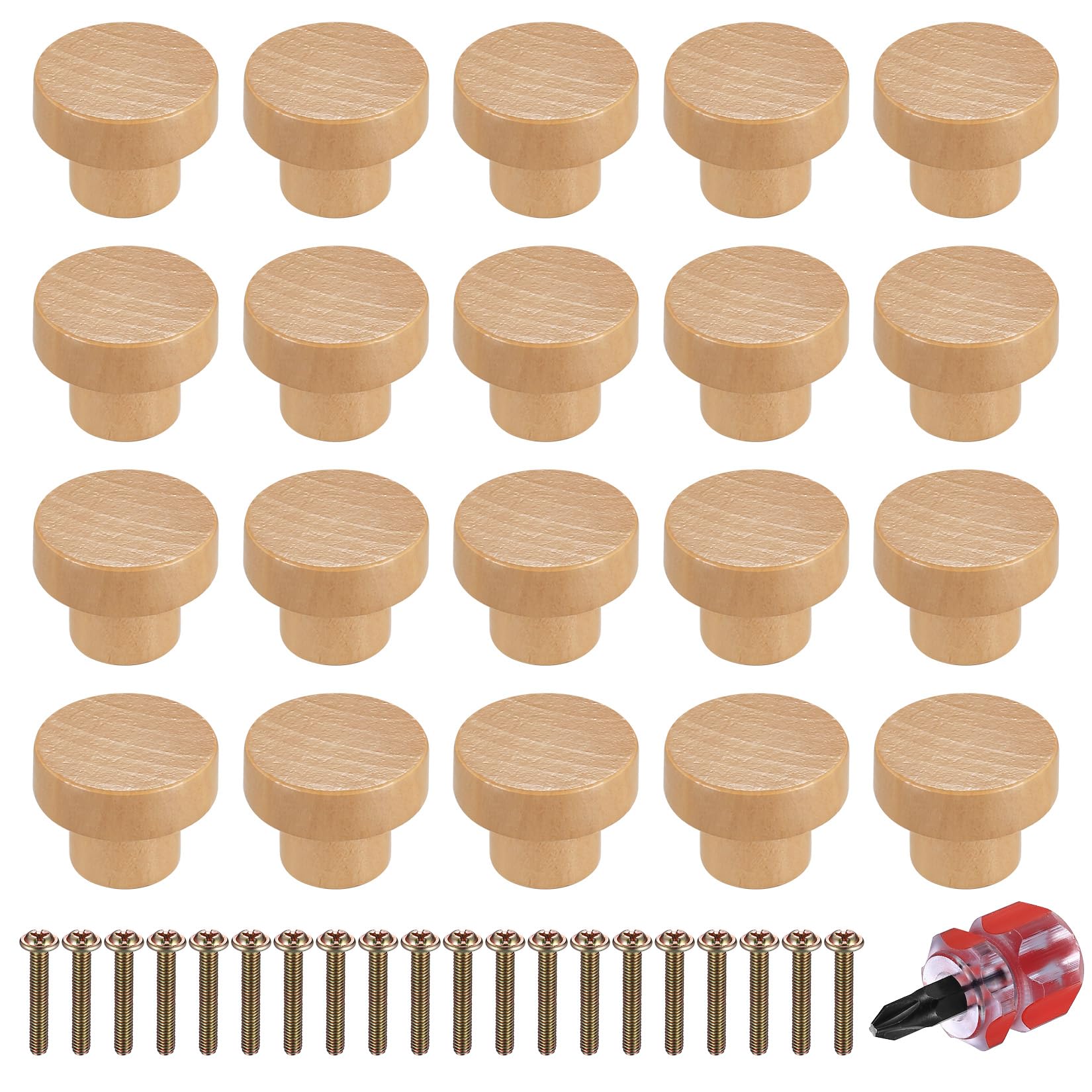 Heozhuyi 20 Pcs Wooden Door Knobs Handles, 35 Wooden Round Kitchen Furniture Drawer Cupboard Wardrobe Cabinet Door Pulls Knobs Handles, with Screws and Mini Screwdriver (35X26MM)