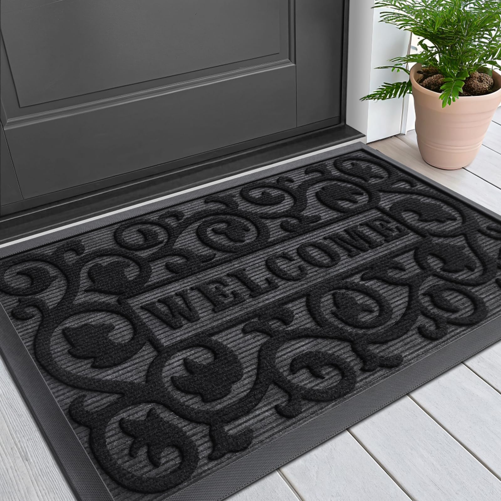 Photo 1 of Smiry Welcome Door Mat Outside Entrance, Heavy Duty Trap Dirt and Moisture Easy Clean Low Profile Patio Porch Indoor Outdoor Front Doormat for Entry, 29.5x17 Inch, Black/Welcome