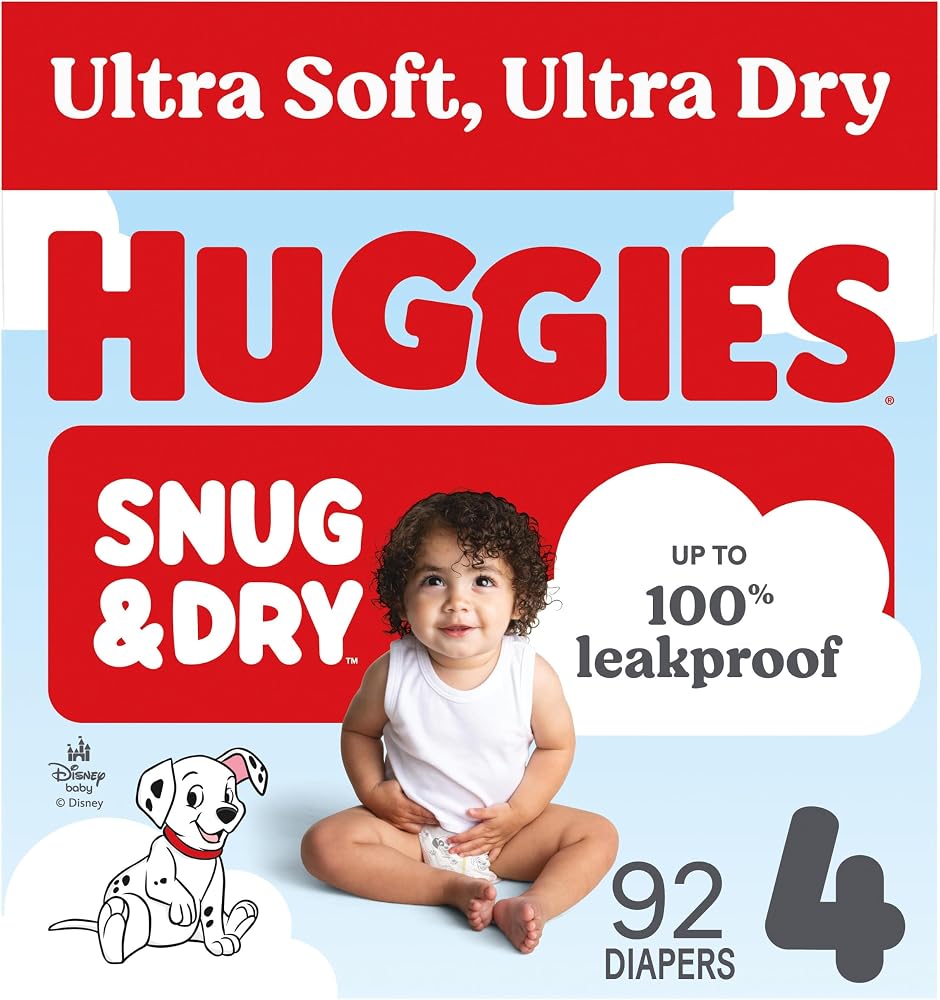 Huggies Snug & Dry Diapers Size 4, 92 Count | Ultra Soft and Ultra Dry, Day & Night Protection, GentleAbsorb Liner, Wetness I