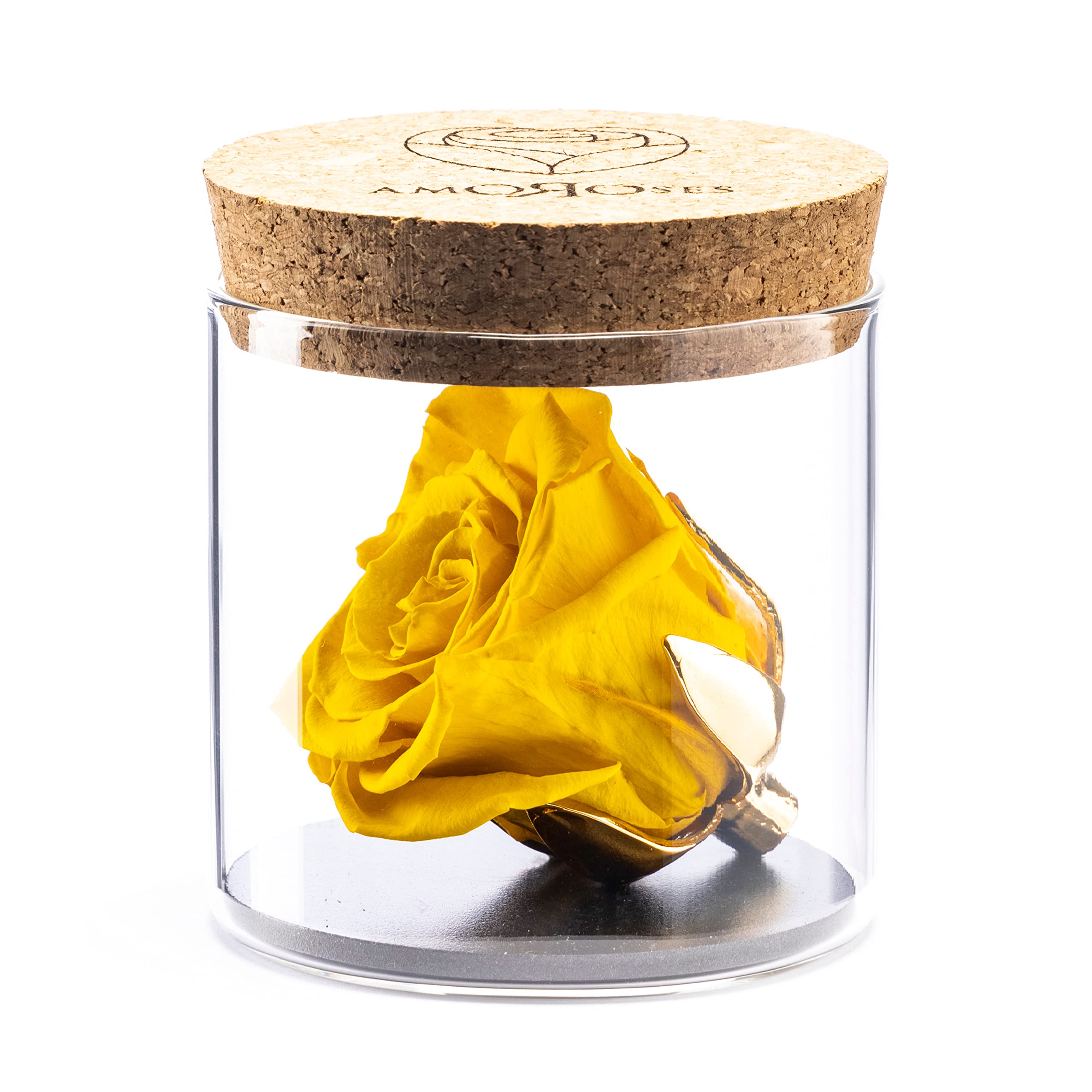Amoroses Bijou - Eternal Stabilised Rose with 24K Gold Plated Calyx in Glass Jar | Gift Idea (Yellow Rose)
