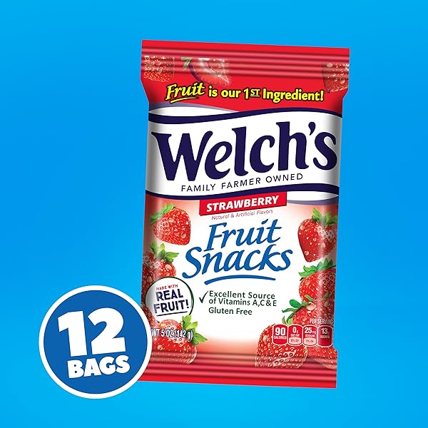 WELCH’S FRUIT SNACKS, STRAWBERRY, PERFECT FOR SCHOOL LUNCHES, SHARING SIZE BAGS, 5 OZ