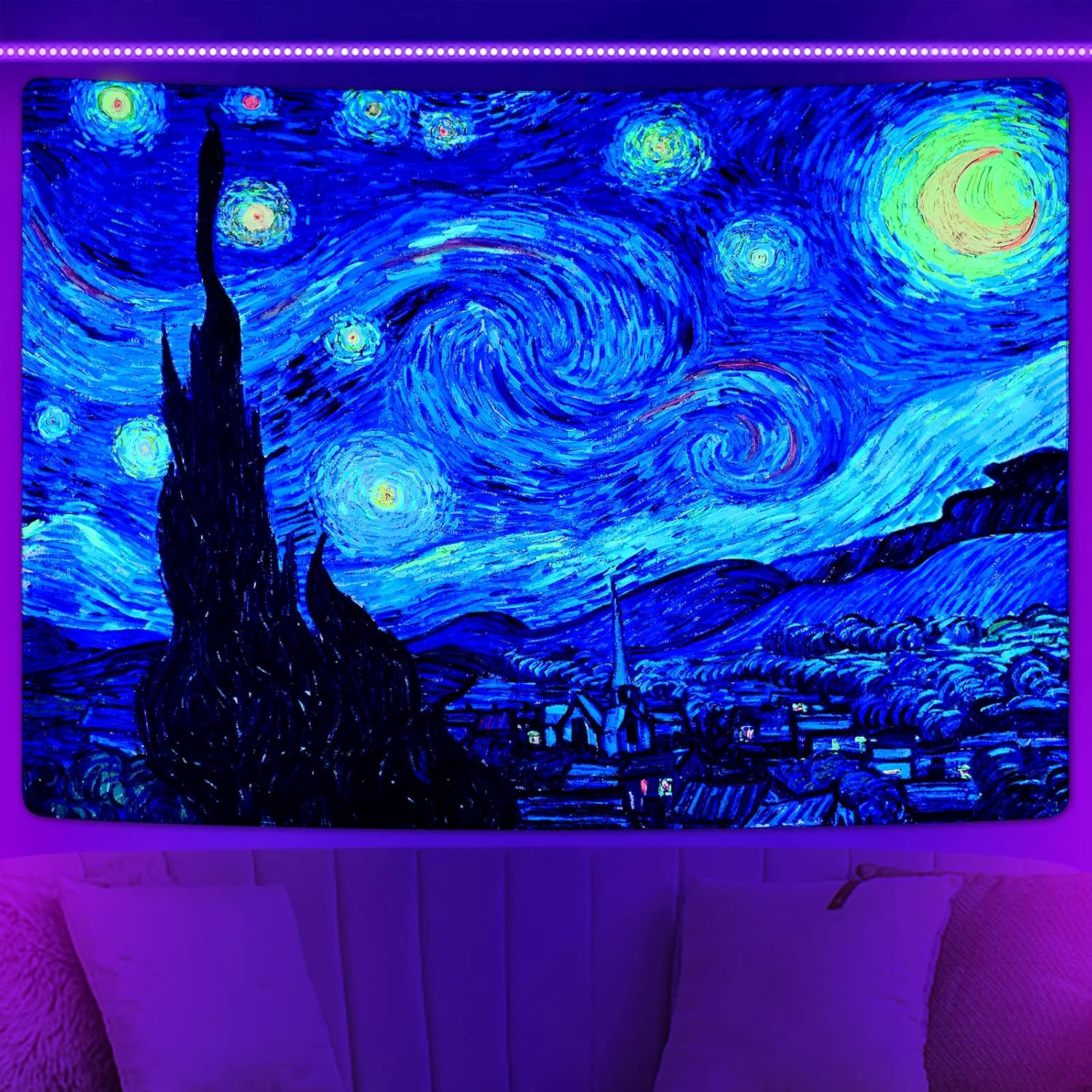 Tapestries - Lyacmy Blacklight Starry Night Tapestry Vincent Van Gogh Tapestry UV Reactive Oil Painting Tapestry Abstract Stars Wall Art Tapestries Aesthetic Hippie Moon Tapestry Glow in The Dark Tapestry Wall Hanging for Room (51.2 x 59.1 inches)