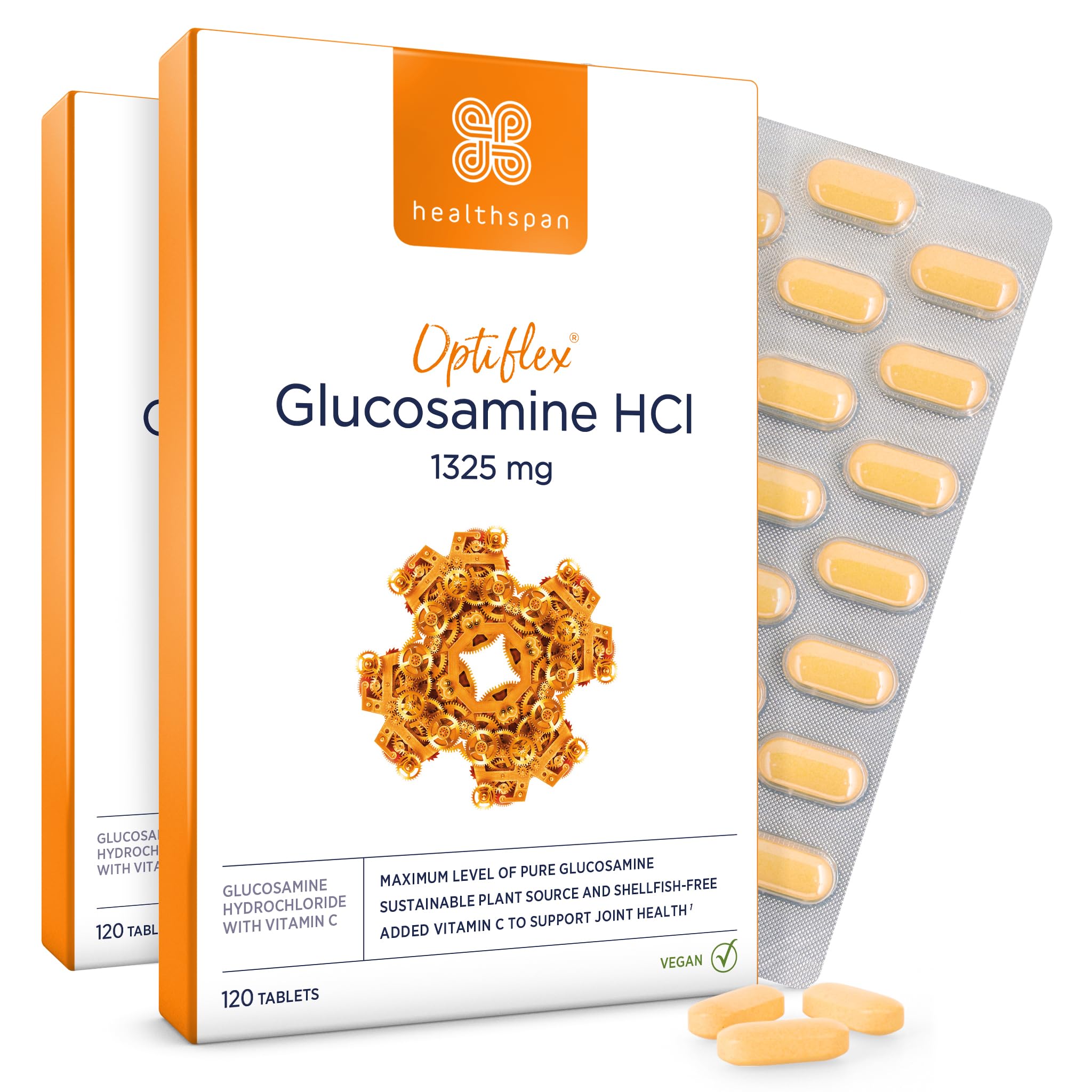 Healthspan Optiflex Glucosamine HCI 1,325mg with Vitamin C | Shellfish Free Vegan Tablets for Joint Health | 40% More glucosamine Than Glucosamine Sulphate | Added Vitamin C (240 Tablets)