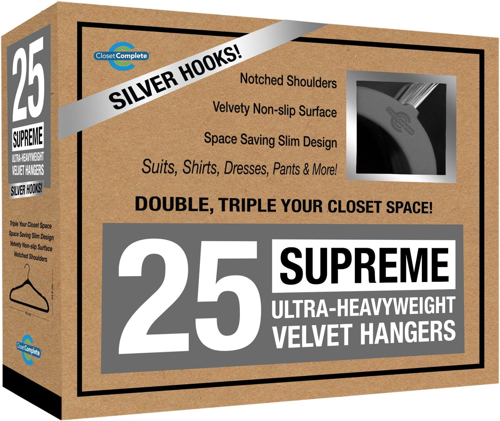 Closet Complete SUPREME Quality, ULTRA-Heavyweight, 85-gram, Virtually-UNBREAKABLE Velvet Hangers, Ultra-Thin, Space Saving, No-Slip Suit Hangers, 360° SPINNING,CHROME Hooks, Heather Gray, Set of 25