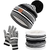 Kids Winter Hat Gloves Scarf Set: Girls Boys Beanie Hats Gloves Knit Set with Thick Warm Fleece Lined For Ages 6-10 Children