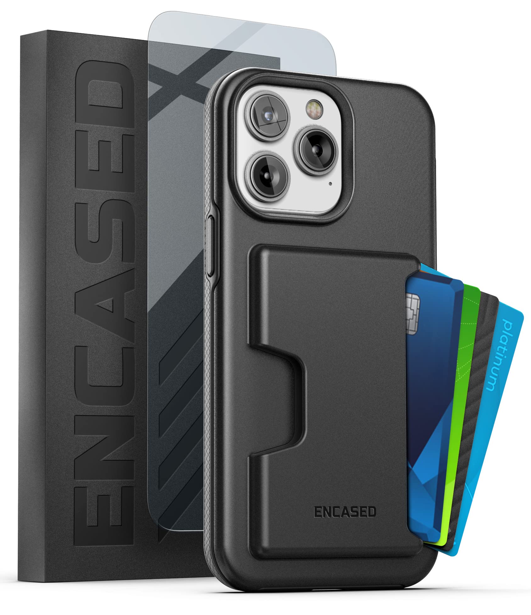 ENCASED Shockproof Wallet Case Designed for iPhone 14 PRO with Card Holder and Screen Protector (4 Credit Cards/IDs) - Black