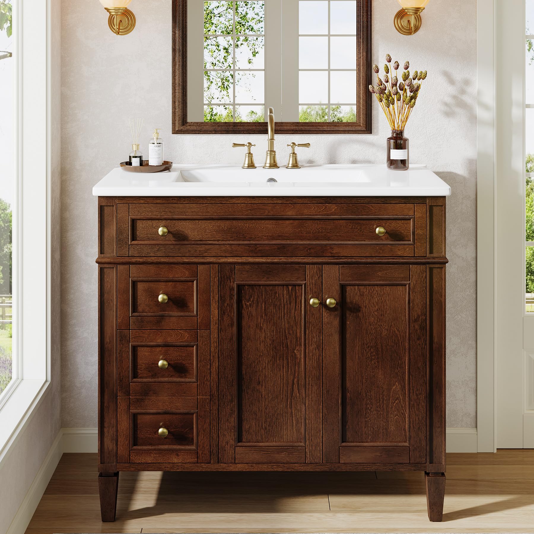 View 1 of *HEAVY* Tribesigns 36" Bathroom Vanity with Sink, Farmhouse Bathroom Sink Cabinet with 4 Drawers & 2 Doors, Bath Storage Vanity Sink with Metal Handles, Solid Wood Frame, Paint Surface Brown