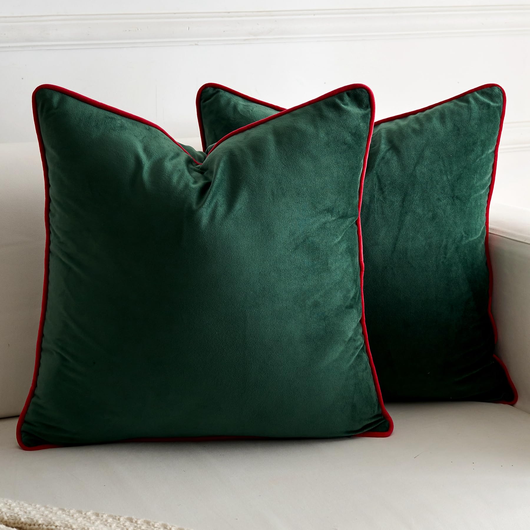 LIGICKY Set of 2 Dark Green Velvet Throw Pillow Covers Modern Minimalist Style Solid Decorative Red Rope Edging Soft Square Cushion Cases for Sofa Bedroom Party Christmas Décor, 20 x 20 inch