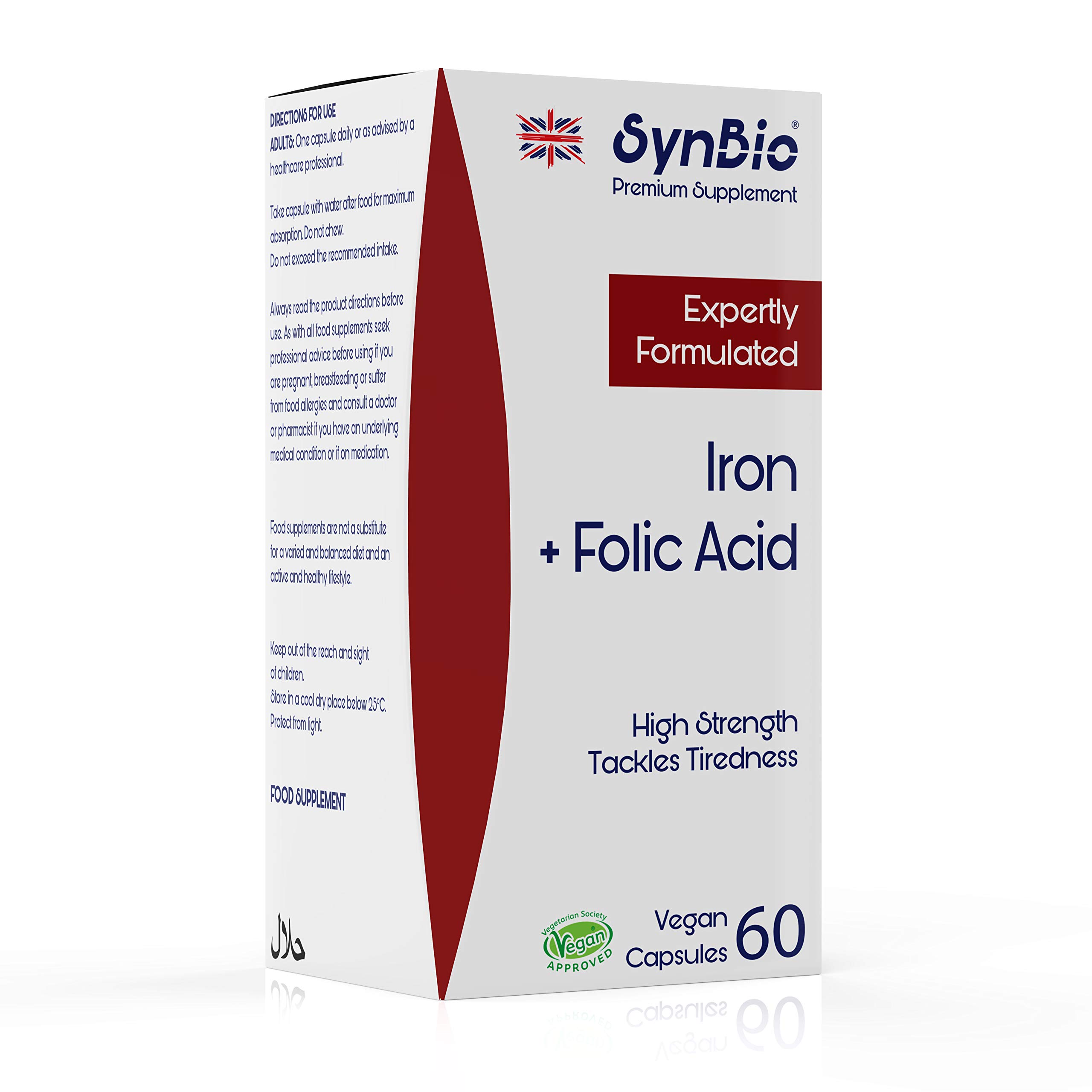 SynBio Premium - Iron + Folic Capsules | VEGAN Certified | Tackles Tiredness & Supports General Health | Halal | Kosher | Gelatin Free | Sugar Free | Salt Free | SOYA Free | Made in The UK