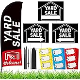 Buryeah Yard Sale Feather Flag Signs Set, 1 Pack 7ft Yard Sale Banner with Pole Kit, 3 Pack Double Sided Yard Sale Signs with Stakes, 150 Count Large Item Pricing Stickers(Black)