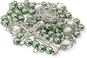 Nazareth Store Pearl Beads Rosary White Our Father Beaded Necklace Lourdes Medal & Cross Crucifix Spiritual Devotion