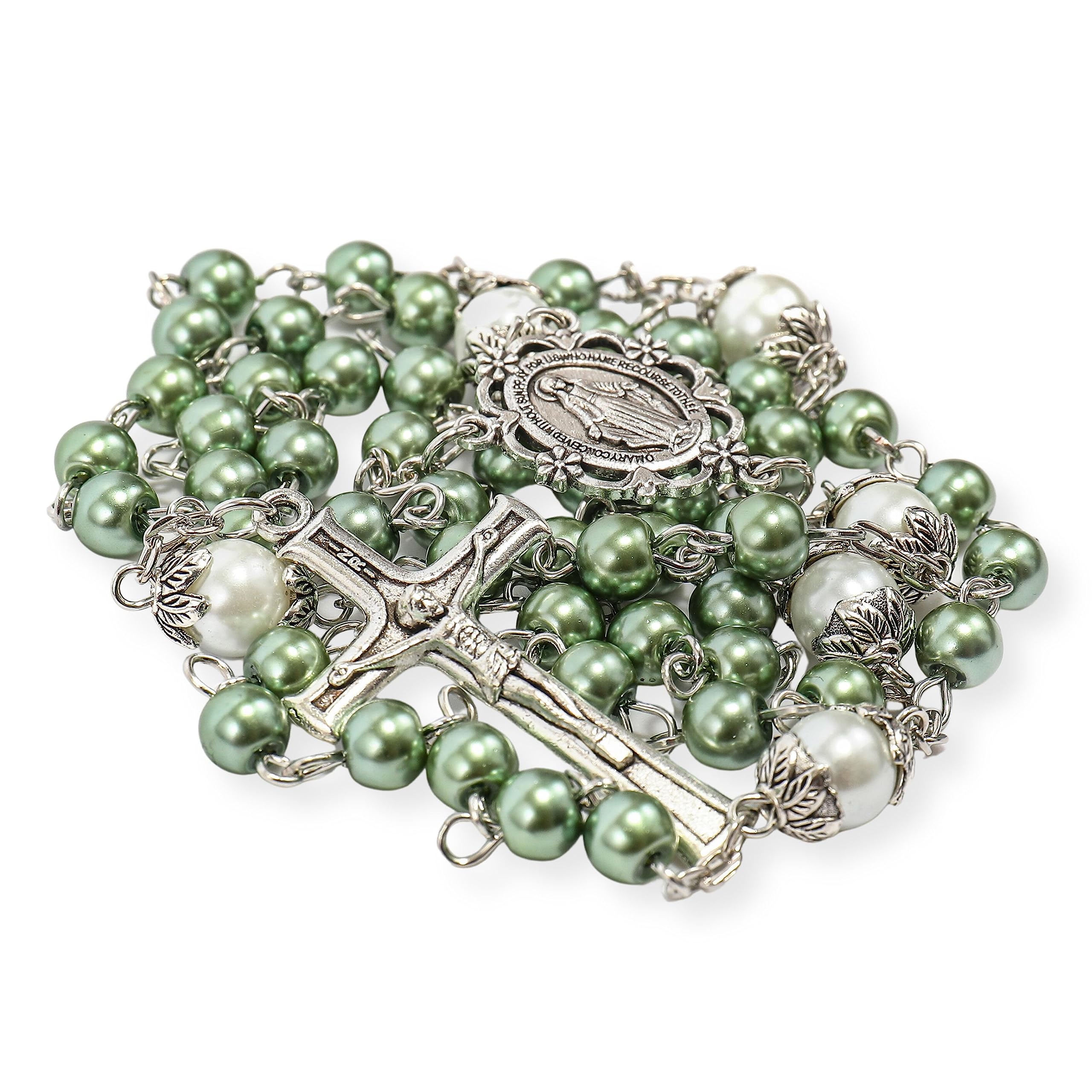 Nazareth Store 6mm Pearl-like Glass Rosaries with White Mystery Beads & Miraculous Medal | Includes Purple Velvet Bag - Stunning Prayer Beads for Spiritual Devotion (Green)