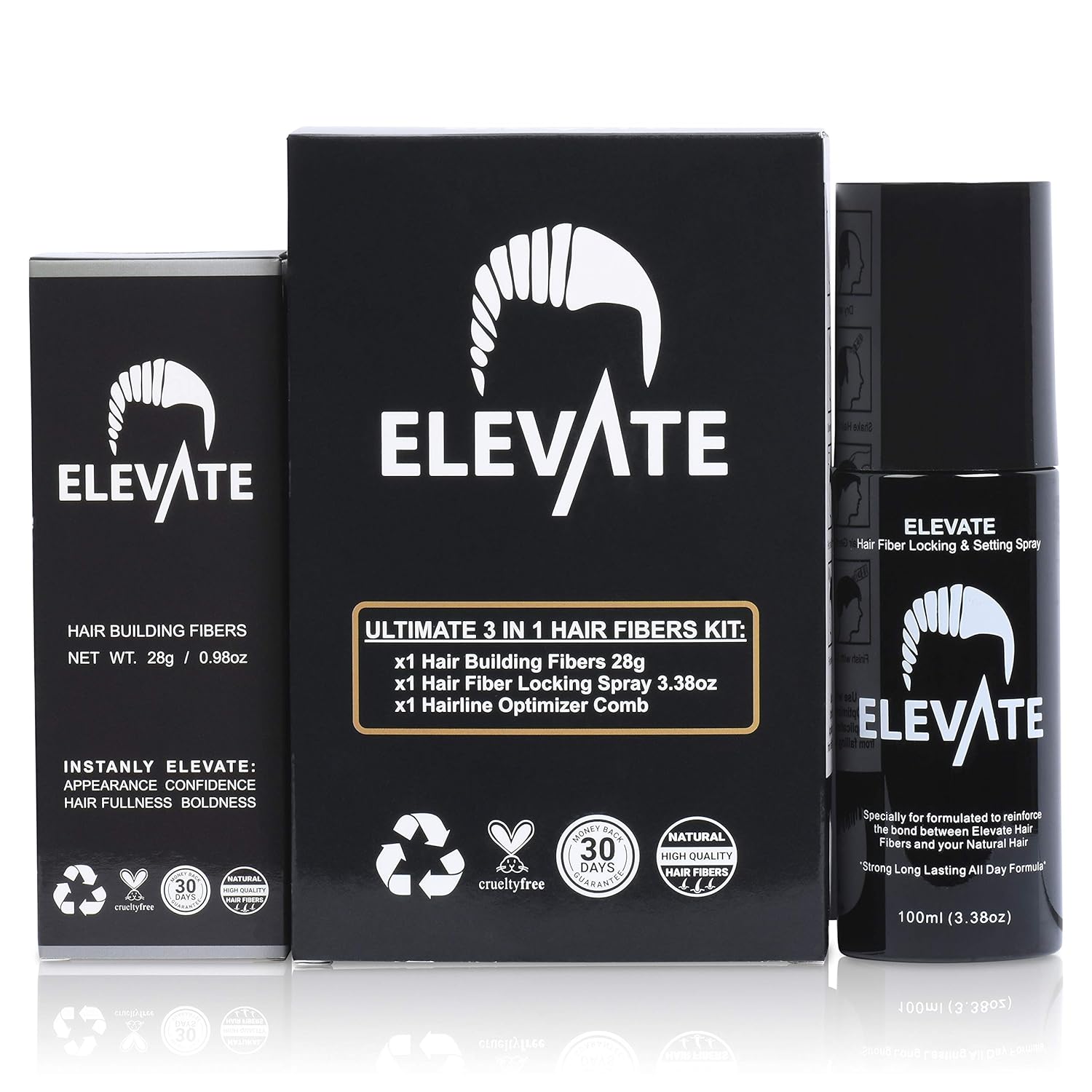 ELEVATE Hair Ultimate Perfecting 3-in-1 Kit Set Includes Natural Hair Thickening Fibers | Locking & Setting Hold Hair Spray | Hairline Optimizer Comb | Instantly Conceal & Thicken Hair (Dark Brown): Beauty