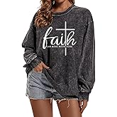 Zoemghc Christian Shirts for Women Faith Can Move Mountains Acid Wash Shirt Jesus Religious Bible Verse Long Sleeve Top
