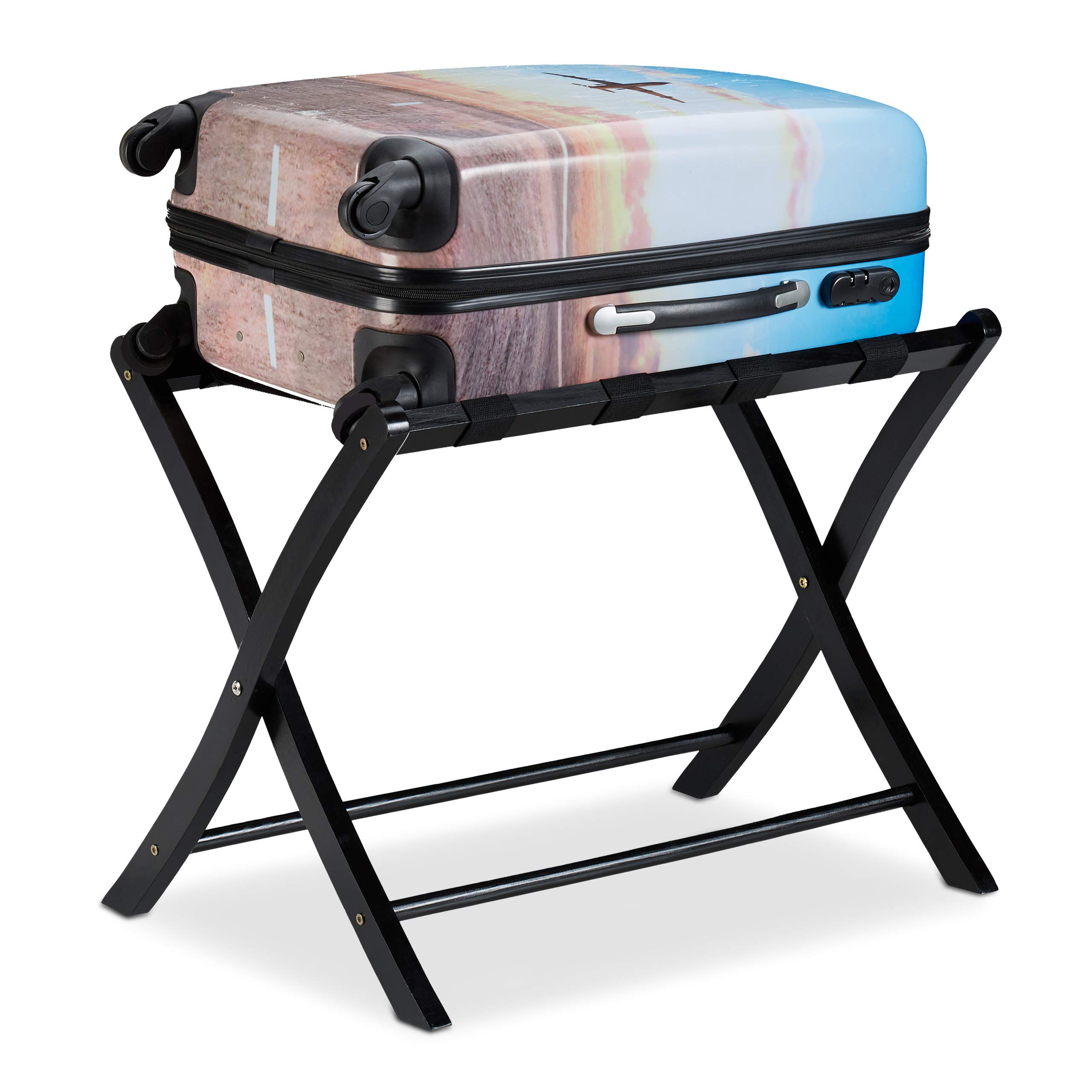 Relaxdays Wooden Luggage Rack, Foldable Suitcase Storage Stand, for Travellers, HxWxD: 52.5 x 66.5 x 48 cm, Black