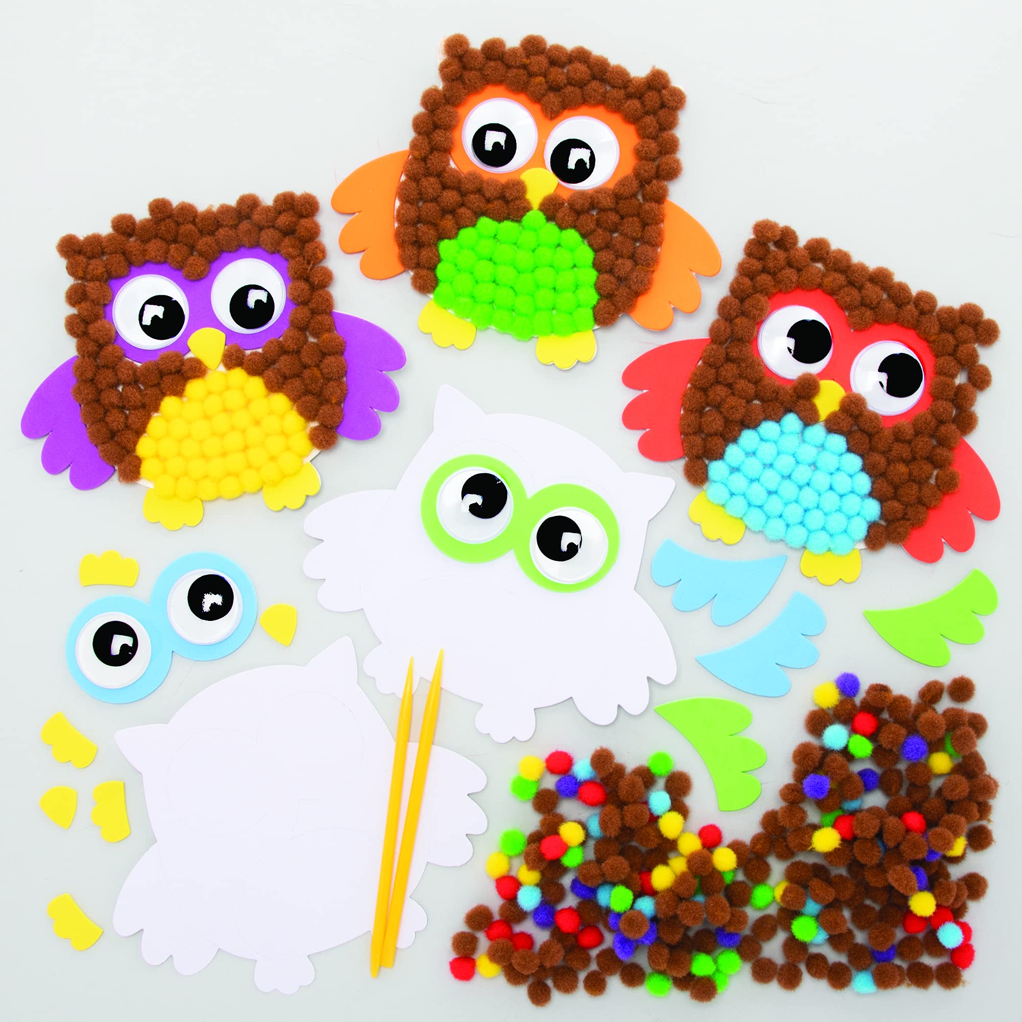 Baker Ross FE643 Owl Pom Pom Kits - Pack of 5, Pom Pom Crafts for Children to Make, Decorate and Display, Creative Activities for Kids