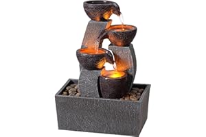 GOSSI Tabletop Water Fountain with LED Lights, Indoor Waterfall Fountain with Cascading Bowls and Pebbles, Small Desk Fountai