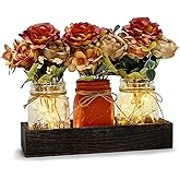 Nagobi Mason Jar Centerpiece Table Decor for Dining Room Fall Farmhouse Coffee Table Decor with Wood Tray Fairy Lights Fake Flowers for Kitchen Living Dining Room - Orange, 11 inches