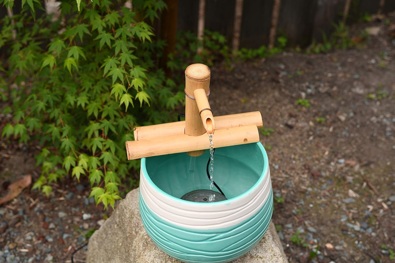 Bamboo Accents Zen Garden Water Fountain with Pump, Indoor/Outdoor, Adjustable 7-Inch Half-Round Flat Base, Smooth Split-Resistant Bamboo (Container Not Included) : Garden & Outdoor