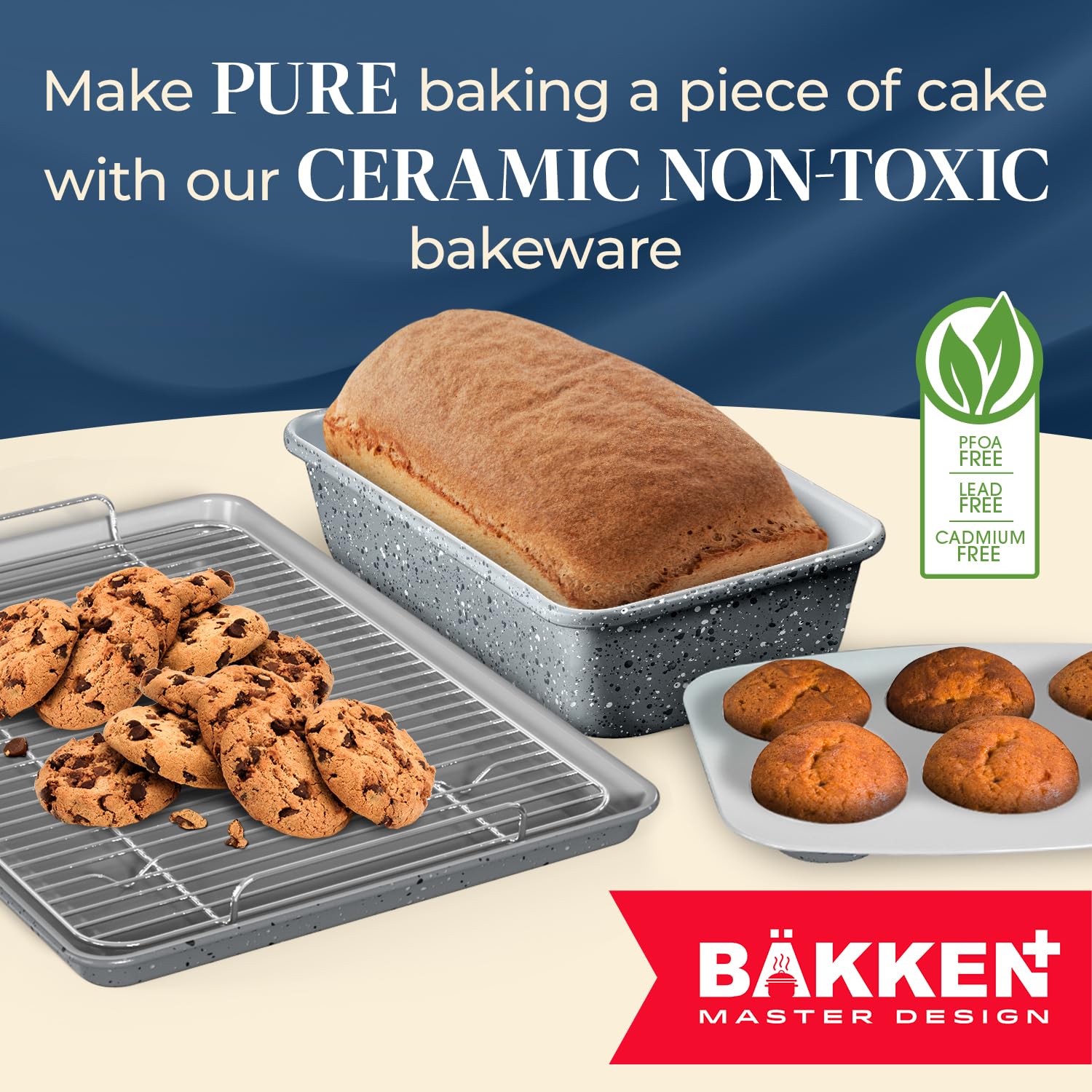 Bakken 8-Piece Stackable Bakeware Set - Ceramic Non-Stick Coating, Baking Sheets, Assorted Baking Pans, PTFE, PFOA & PFOS Free - Healthy Baking, Ergonomic Handles, Cooling Rack, Non-Toxic, Oven-Safe
