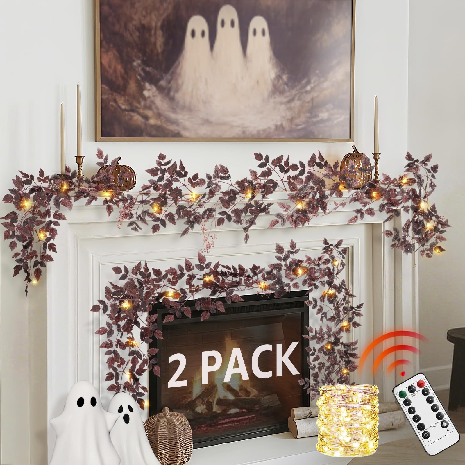 Photo 1 of Neutral Fall Garland for Mantle Fireplace - 2 Pack 6Ft Plum Cimicifuga Seeded Leaf Garlands Purple Autumn Decor Table Decorations for Home Indoor Door Halloween Realistic Leaves Garlands Outdoor