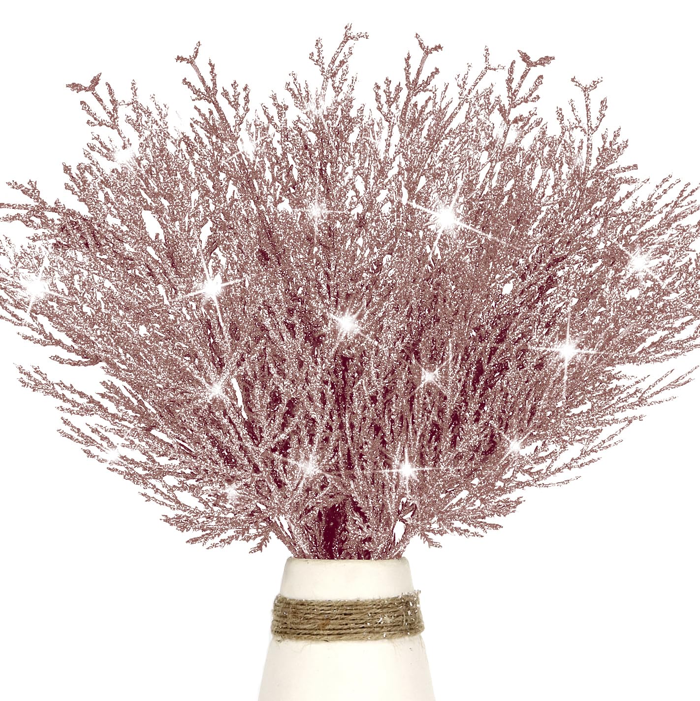 12 Pcs Christmas Glitter Leaves, 35 CM Christmas Tree Picks Artificial Twigs Branches Artificial Christmas Glitter Fern Leaf for DIY Xmas Tree Wreath Wedding Garland Decorations (Rose Gold)