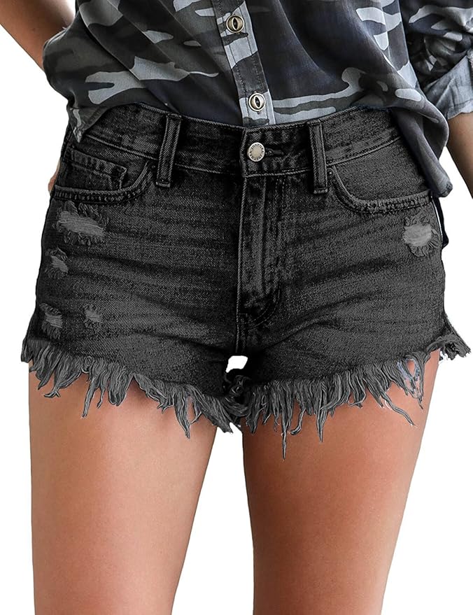 luvamia Women's Mid Rise Shorts Frayed Raw Hem Ripped Denim Jean Shorts Solid Black, Size M