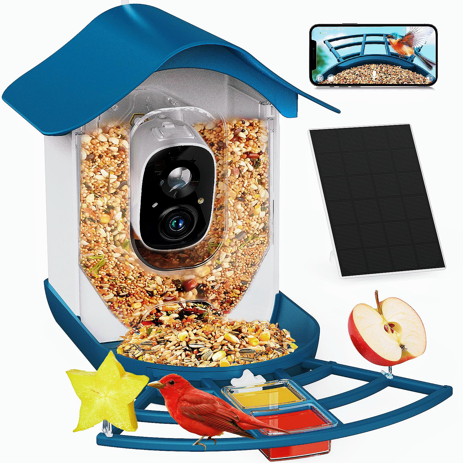 Photo 1 of PeckCam® Smart Bird Feeder with Camera 2K HD Auto Detect & Notify, AI Identify 10000+ Birds Camera with Solar Panel 5 Perch Attachments Wireless Outdoor Birdwatching Gift for Birds Lover, Blue