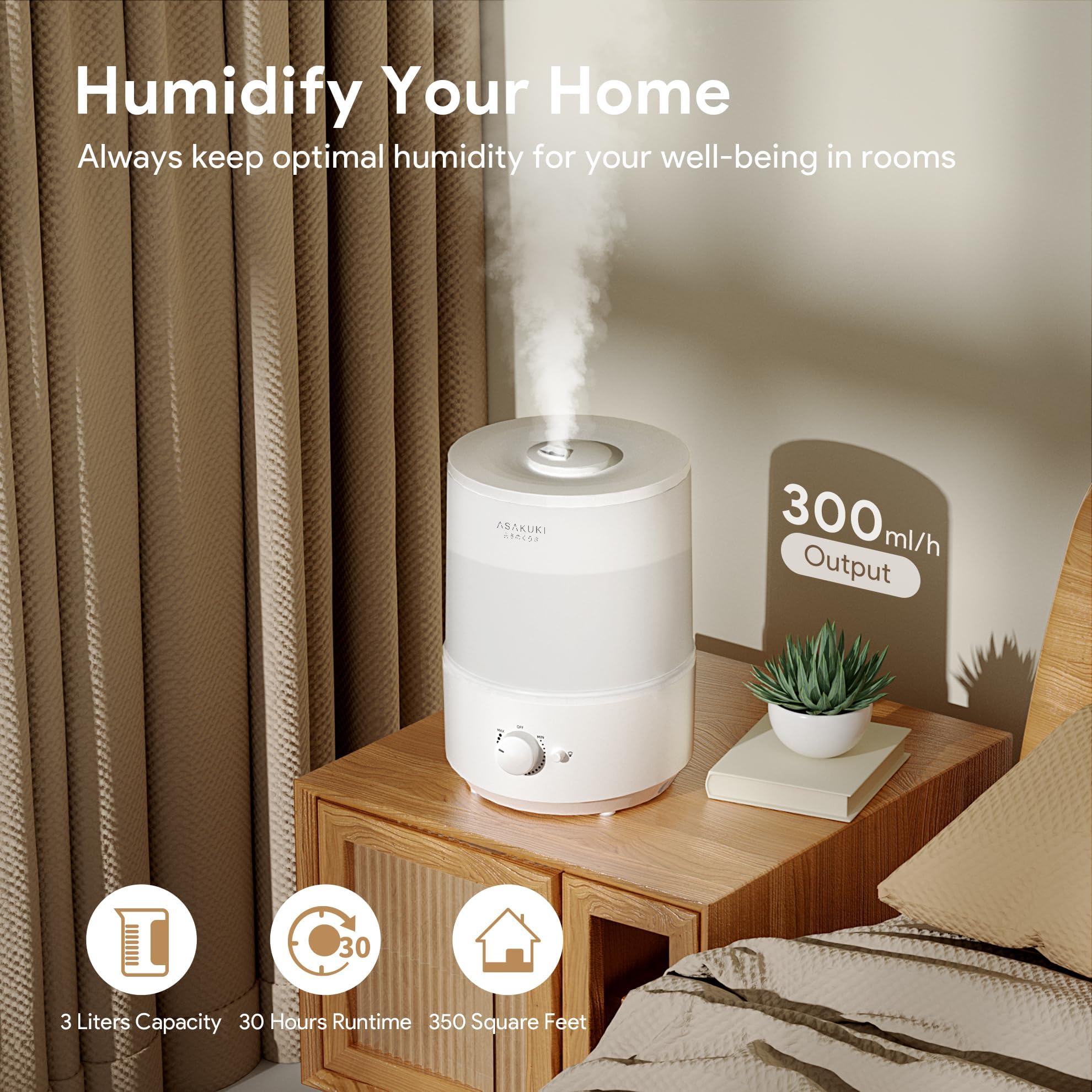 ASAKUKI Humidifiers for Bedroom, 3L Top Fill Cool Mist Air Humidifier & Aroma Diffuser with Night Light for Baby Nursery & Plants, Ultrasonic Quiet, Easy Clean, Auto Shut-Off, BPA Safe, 30H