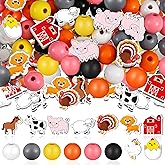200 Pcs Cute Wooden Farmhouse Animals Wood Beads Animal Print Beads with Chicken Horse Cow Pig Sheep Turkey Puppy House Print Pattern Spacer Loose Charm for DIY Room Party Decor Indoor Tiered Tray