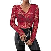 WDIRARA Women's Plus Size Lace Floral Embroidery Mesh Lace Sheer V Neck Long Sleeve Top Blouse