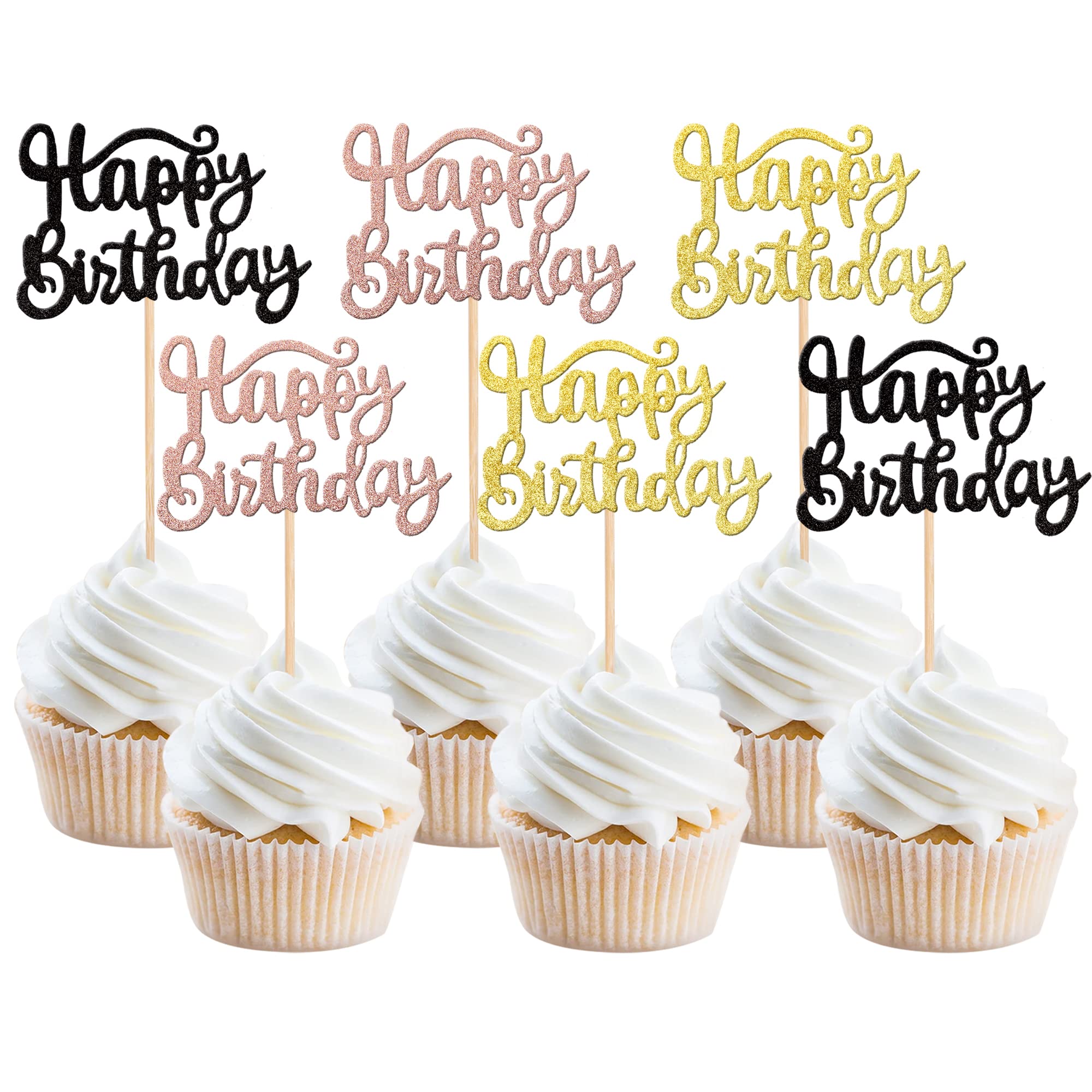 SYKYCTCY 36 Pack Happy Birthday Cupcake Toppers Glitter Celebrating Birthday Cupcake Picks Baby Shower Kids Birthday Anniversary Party Cake Decorations Supplies Tricolor — image 1