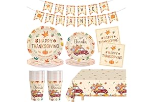 LITMITFU 102 Pcs Thanksgiving Party Supplies Sets - Includes Happy Thanksgiving Dinner Paper Plates Napkins, Give Thanks Banner Dessert Plates Cups Tablecloth for Fall Thanks Giving Party Decorations, Serve 25