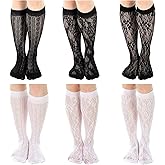 Bremorou Knee High Stockings For Women 6 Pairs Of Elegant Mesh Lace Knee High Stockings White & Black Fishnet Mesh Hollow Out Women Stockings Nylon Comfortable And Breathable