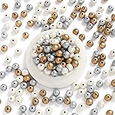 ToBeIT Wooden Beads 450 pcs Gold, Silver, White Assorted Color Round Wood Beads for DIY Craft, Jewelry Making（10mm）