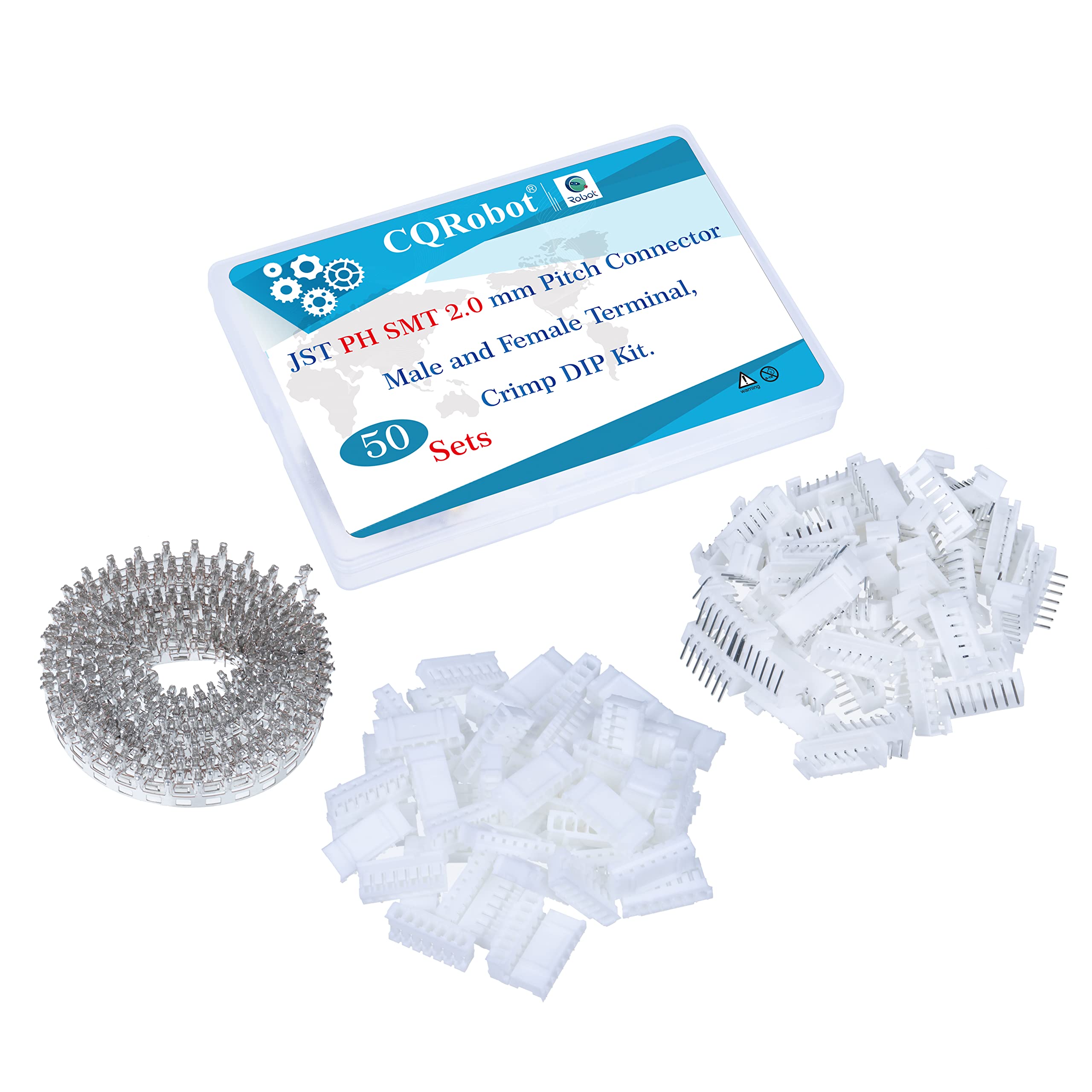 CQRobot JST PH SMD 2.0 mm Pitch 7-Pin Electronic Computer Connector IC Male Plugs, Female Sockets Housing and T-Shaped Crimp Terminal Kit.. 50 Sets/450 Pieces Wire-to-Board Adapter Cable Assembly.